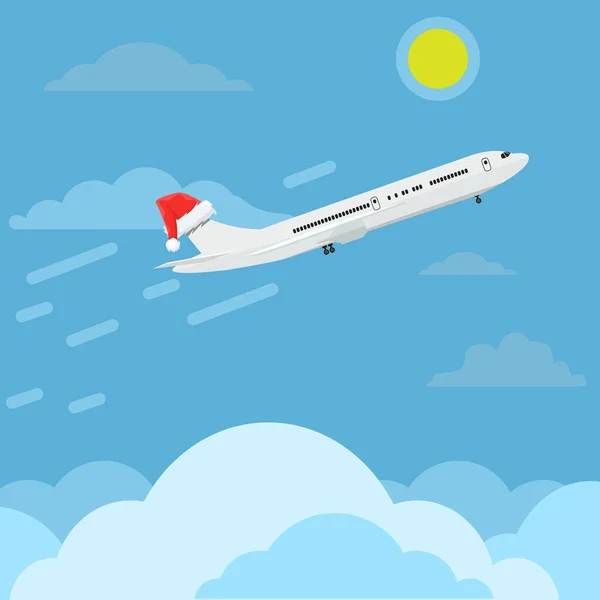 Avión con gorra Santa Claus o sombrero volando en el cielo. Diseño de anuncios conceptuales de viajes y navidad. Ilustración vectorial . — Vector de stock