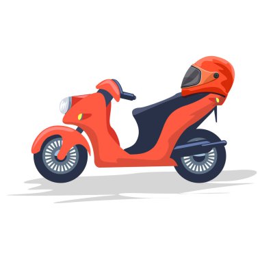 Boş kurye motosikleti ya da scooter ve kask. Düz ve katı renkli çizgi film stili vektör çizimi.