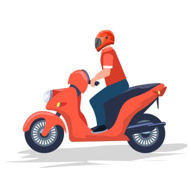 Kırmızı motosiklet süren teslimatçı çocuk. Düz ve katı renk vektörü çizimi.