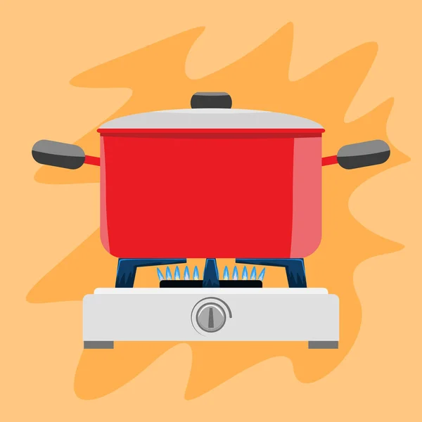 Cooking pot on gas stove. Flat and solid color vector illustration. — Stock Vector