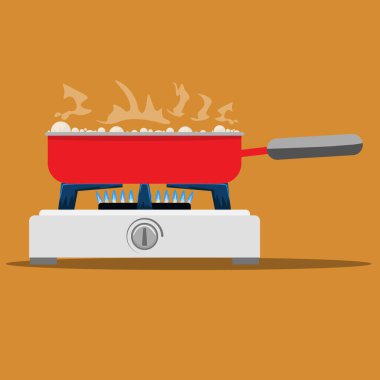 Gaz ocağında tava pişiriyorum. Düz ve katı renk vektörü çizimi.