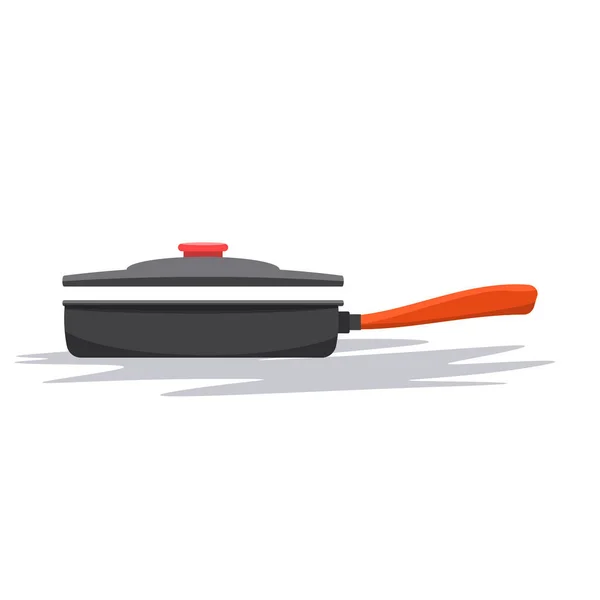 Frying pan with handle and cover. From side view. Flat and solid color vector illustration. — Stock Vector