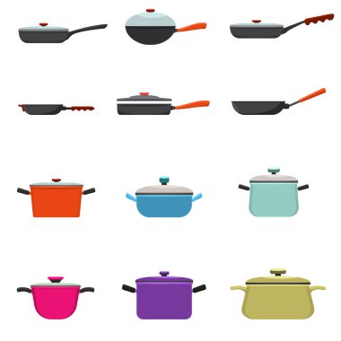 Frying pan and cooking pot set. Kitchen pots and different pans with solid and flat color style. Vector illustration. clipart