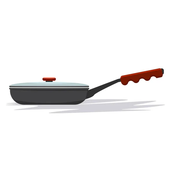 Frying pan with handle and cover. From side view. Flat and solid color vector illustration. — Stock Vector