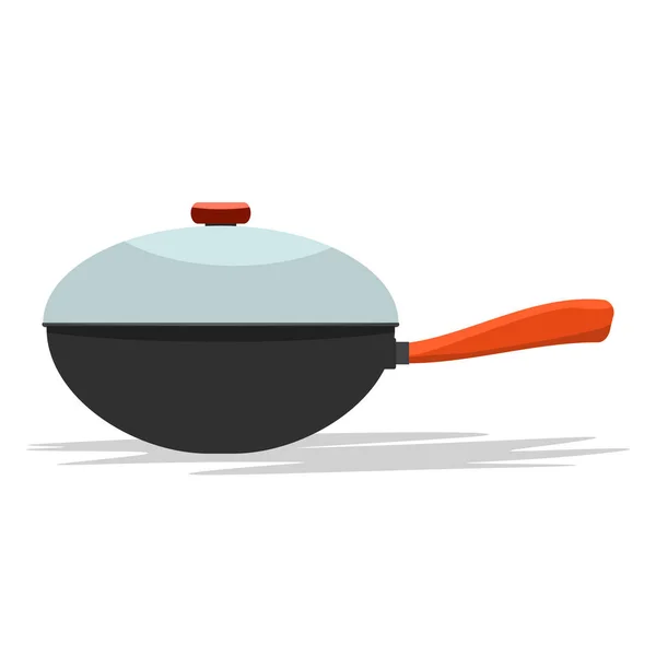 Frying pan with handle and cover. From side view. Flat and solid color vector illustration. — Stock Vector