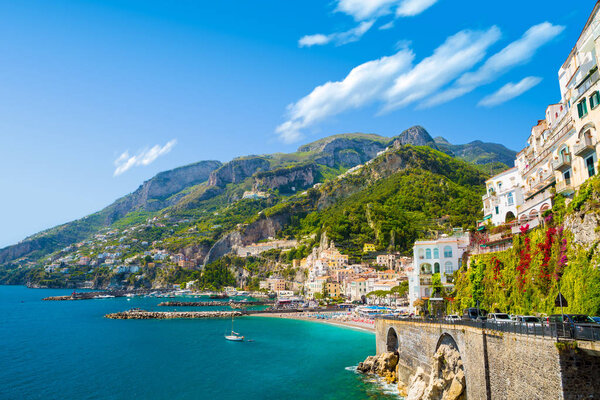 Amalfi cityscape on coast line of mediterranean sea, Italy