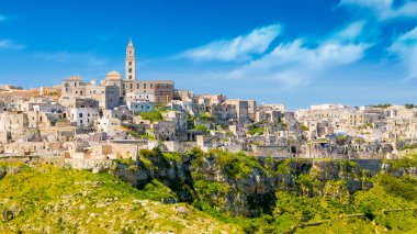 Antik şehir Matera Sassi di Matera, Güney İtalya panoramik manzaralı