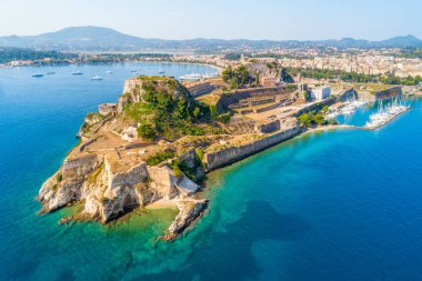 Yunan tapınağı ve eski kale Corfu, Ionian Islands, Yunanistan