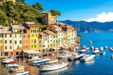 Güzel Yalı Portofino, İtalya için renkli evleriyle. Yaz manzara