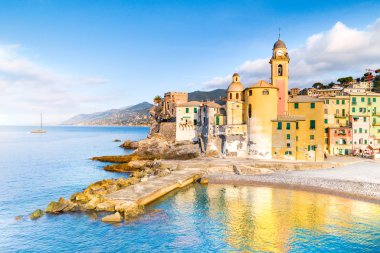 Doğal Akdeniz riviera sahil. Panoramik Camogli şehir Liguria, İtalya. Bazilika Santa Maria Assunta ve renkli saraylar. Liguria, İtalya