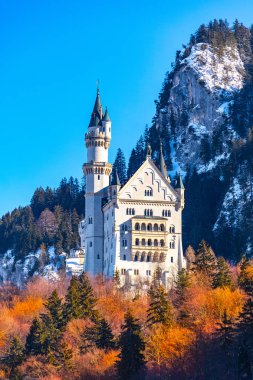 Dünyaca ünlü Neuschwanstein Kalesi'nin güzel manzarası, Kral Ludwig II için Fussen yakınlarındaki engebeli bir kayalıkta inşa edilmiş on dokuzuncu yüzyıl Romanesk Uyanış Sarayı, Almanya