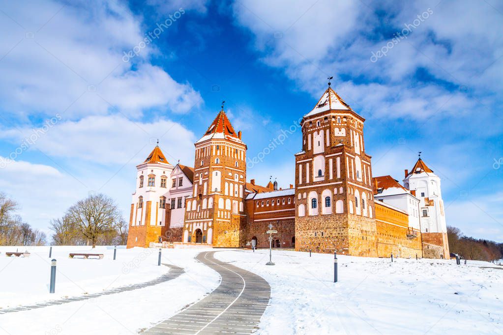 Grand view to Castle of Mir, Minsk Region, Belarus.