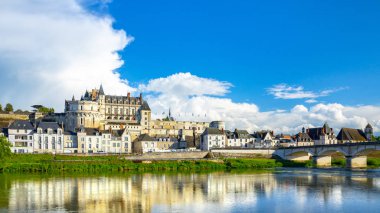Loire Nehri'nin karşısındaki Rönesans şatosu ile tarihi Amboise şehrinin siluetinin güzel manzarası. Loire valley, Fransa