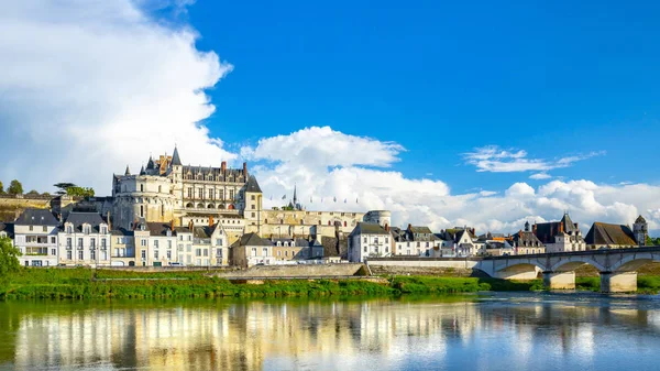 Piękny widok na panoramę zabytkowego miasta Amboise z renesansowym zamkiem przez rzekę Loire. Dolina Loary, Francja — Zdjęcie stockowe