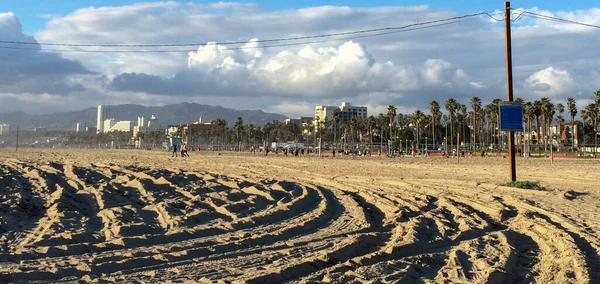 Vue Soirée Plage Santa Monica Avec Des Bâtiments Des Arbres — Photo