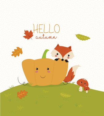 Tatlı tilki ve balkabağı ile sonbahar illüstrasyonu