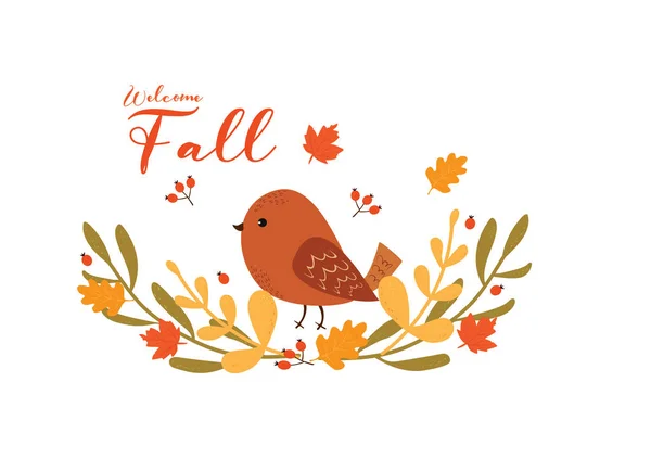 Autumn Background Cute Little Bird Leaves — Stock Photo, Image