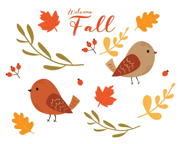 Cute Little Birds Autumn Elements — Stock Photo, Image