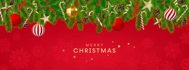 Kırmızı kar taneleri arka planında Noel ağacı süslemeli Noel kartı, bayram afişi, süsler, toplar, şeker kamışları, yıldızlar, kurdeleler, çam kozalakları, köknar ağacı dallarında çoban püskülü