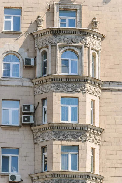 Bay Windows of the ten-storey brick residential apartment house on Prospekt Mira was Built in 1959. Moscow, Russia