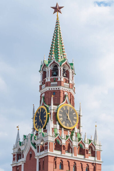 Spasskaya tower of the Moscow Kremlin. Fragment. The Kremlin chimes shows five o'clock