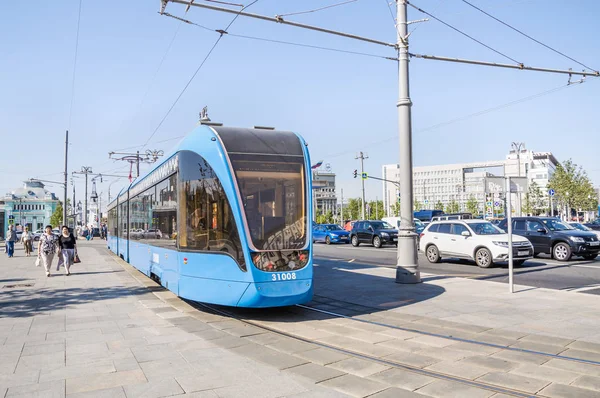 Mosca Russia Agosto 2018 Tram Blu Tre Piani Russo Vityaz — Foto Stock