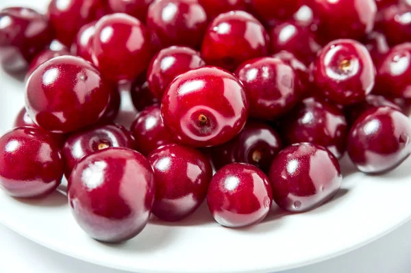 Cherry Berries Plate White Background — Stock Photo, Image