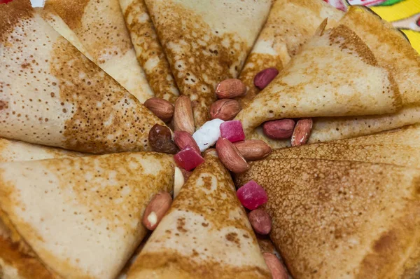 Variety Original Pancakes Candied Fruits Nuts Contest Celebration Russian Shrovetide — Stock Photo, Image