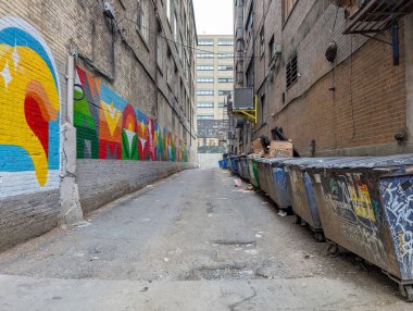 Kanada, 05 Temmuz 2025: Renkli grafiti duvar resmi, sokak aralarını çöp kutularıyla doldurdu