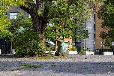 Quebec, Kanada, 05 Temmuz 2025: Grafiti, şehir parkı ortamında yapraklı ağacın altındaki çöp kutusunu kapladı