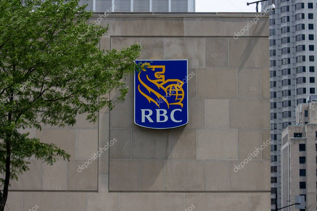 Quebec, Canada, 06 July 2025 : Royal Bank of Canada logo sign displayed on concrete building wall