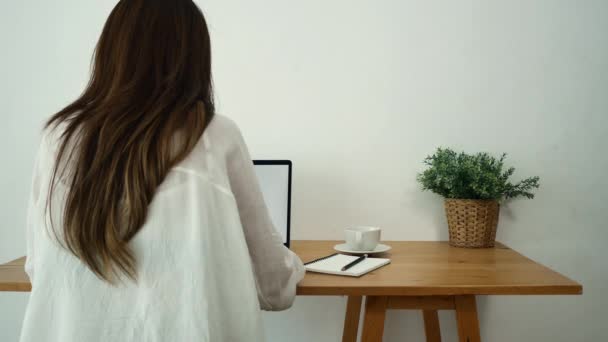 Bella Giovane Donna Sorridente Che Lavora Sul Computer Portatile Mentre — Video Stock