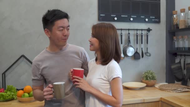 Beautiful Happy Asian Couple Drinking Cup Coffee Together Kitchen Man — Stock Video