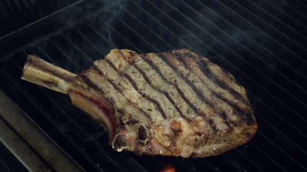 Főzés Vezetője Hozza Darab Nyers Hús Forró Grill Alatt Fém — Stock videók