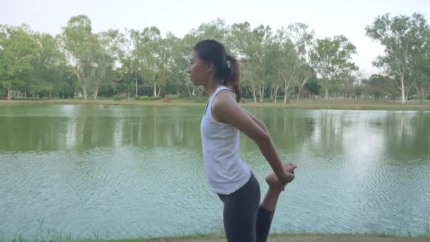 Joven Mujer Asiática Yoga Aire Libre Mantener Calma Medita Mientras — Vídeos de Stock