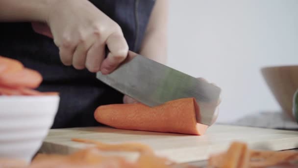 Close Chief Woman Making Salad Healthy Food Chopping Carrot Cutting — Stock Video