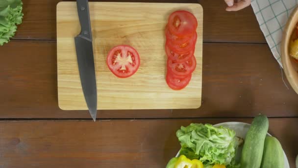 Top View Woman Chief Making Salad Healthy Food Chopping Tomato — Stock Video