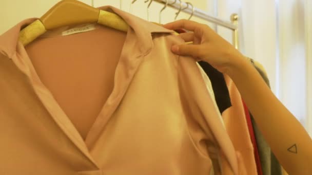 Home Wardrobe Clothing Shop Changing Room Asian Young Woman Choosing — Stock Video