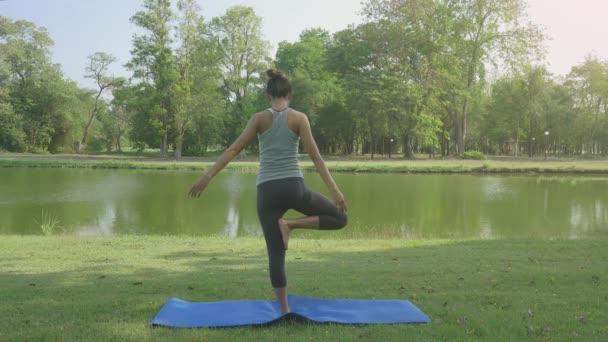 Young Asian Woman Yoga Outdoors Keep Calm Meditates While Practicing — Stock Video