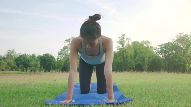 Mladá Asijská Žena Jógu Venku Zachovejte Klid Medituje Při Cvičení — Stock video