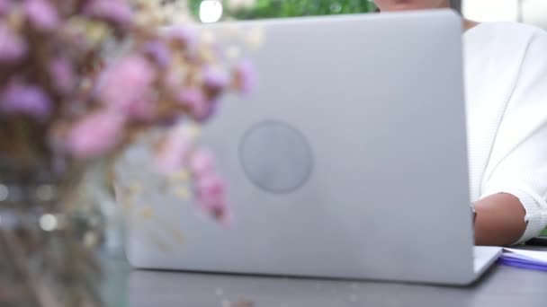 Hermosa Joven Sonriente Mujer Asiática Trabajando Ordenador Portátil Mientras Está — Vídeos de Stock