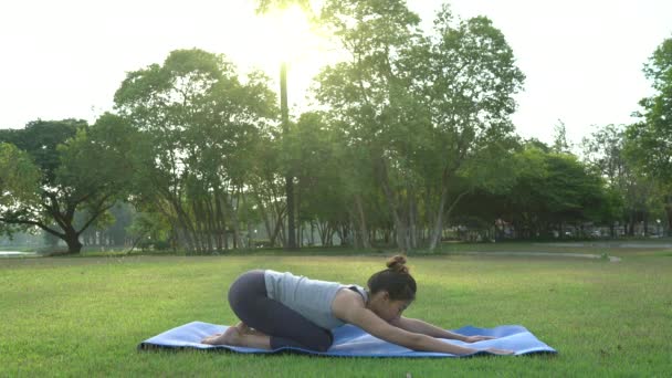 Junge Asiatische Frau Yoga Freien Ruhe Bewahren Und Meditiert Während — Stockvideo