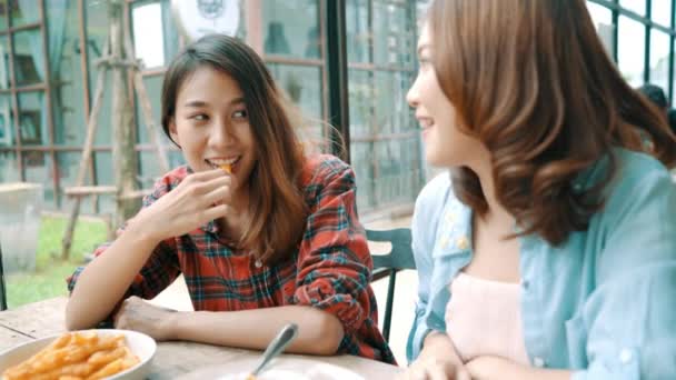 Mooie Gelukkig Aziatische Vrouwen Lesbische Lgbt Paar Zitten Van Weerskanten — Stockvideo