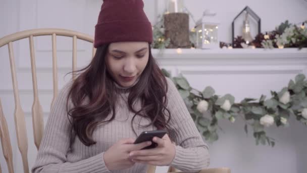 Young Asian Woman Sitting Chair Wrapped Grey Blanket Her Living — Stock Video