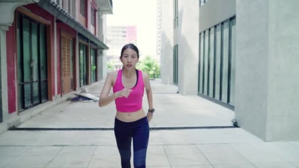 Slow Motion Healthy Beautiful Young Asian Runner Woman Sports Clothing — Stock Video