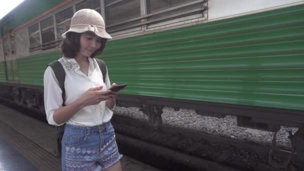 Slow Motion Resenären Backpacker Asiatisk Kvinna Resa Bangkok Thailand Glad — Stockvideo