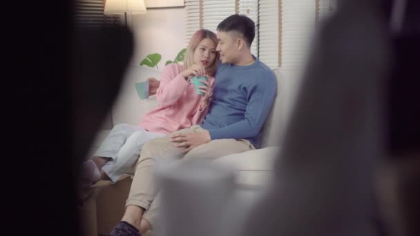 迷人的亚洲甜情侣享受爱的时刻喝着温暖的咖啡或茶在他们的手在沙发上的客厅在家里 丈夫和妻子放松在家的概念 — 图库视频影像