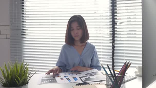 Beautiful Young Smiling Asian Woman Working Laptop While Sitting Living — Stock Video