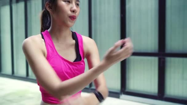 Slow Motion Gezonde Mooie Jonge Aziatische Atleet Vrouwen Sport Kleding — Stockvideo