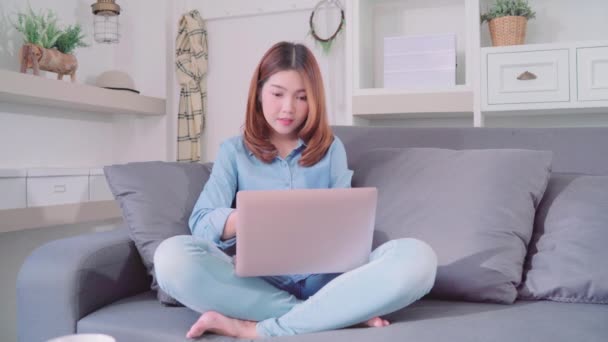 Portrait Beautiful Attractive Young Smiling Asian Woman Using Computer Laptop — Stock Video